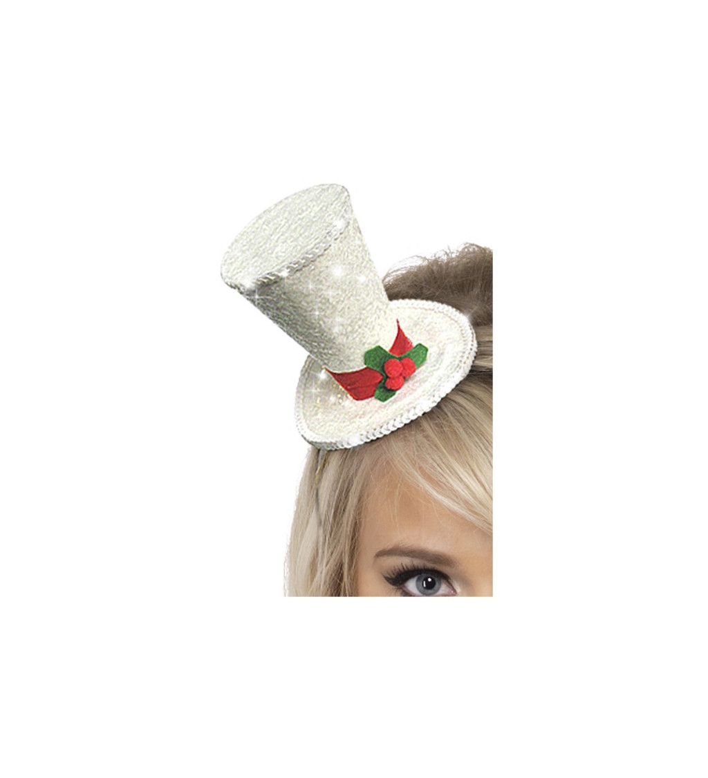 Vianočný mini klobúčik s flitrami - biely