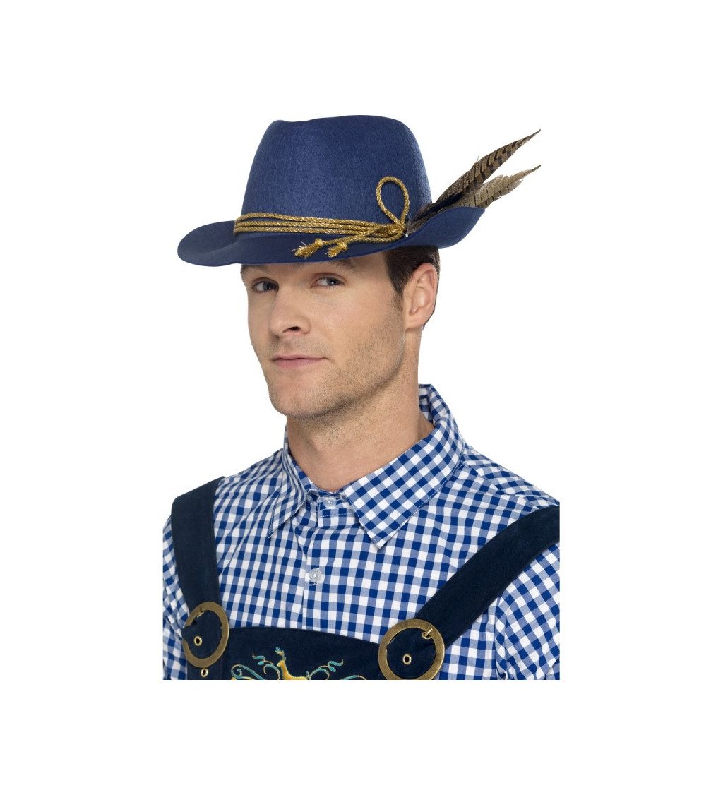 Bavorský klobúk - modrý s pierkami