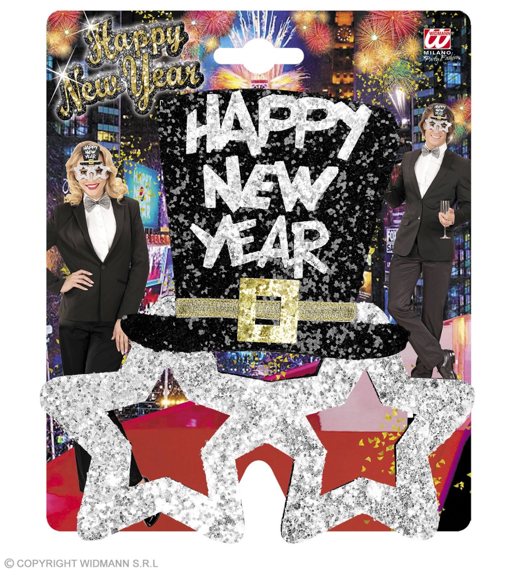 Okuliare s klobúkom Happy New Year – strieborné