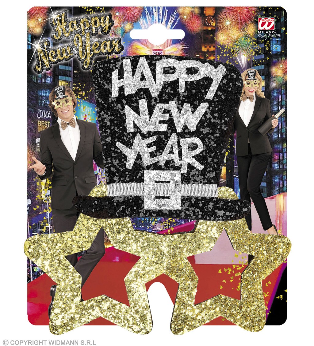 Okuliare s klobúkom Happy New Year – zlaté