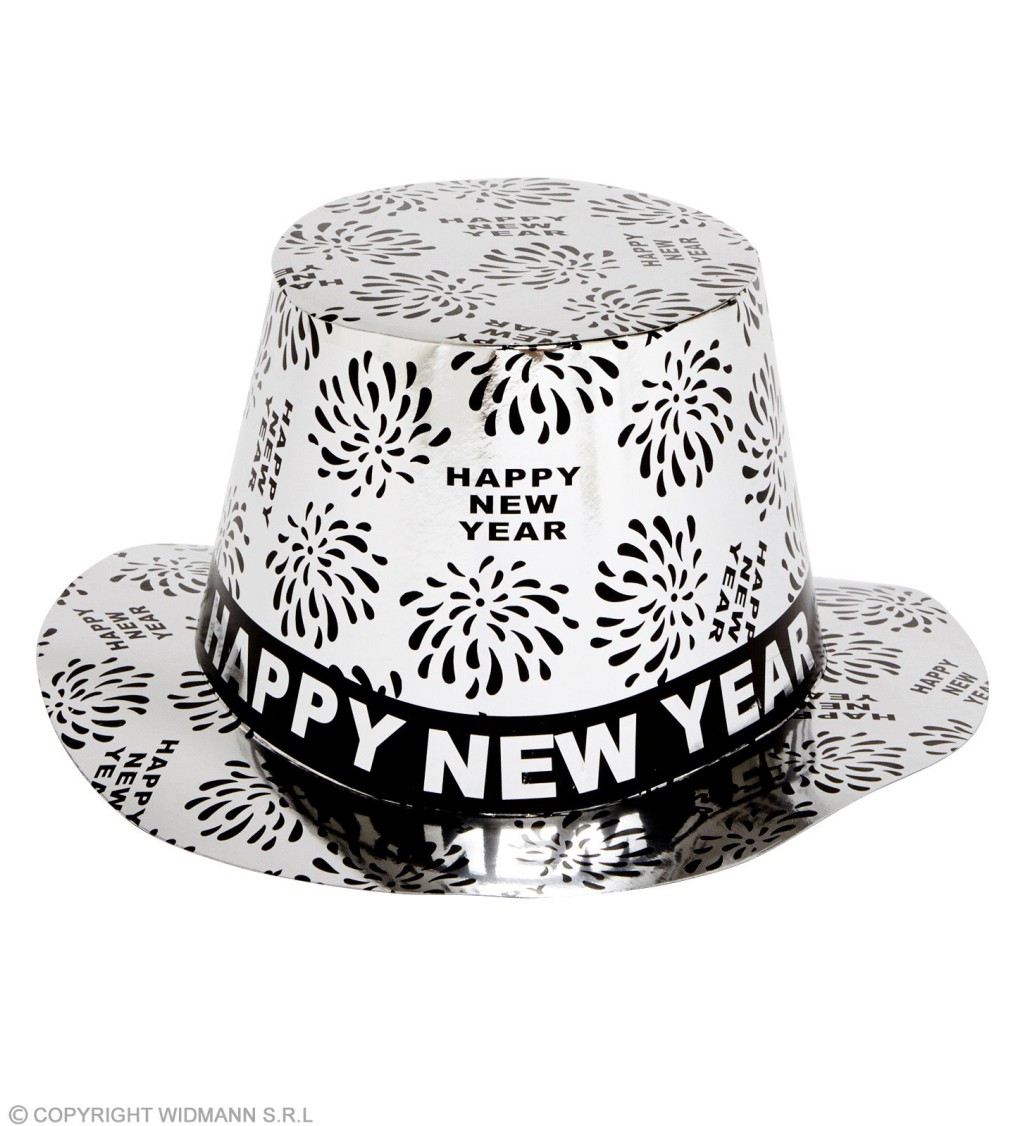 Klobúk Happy New Year - strieborný cylindier