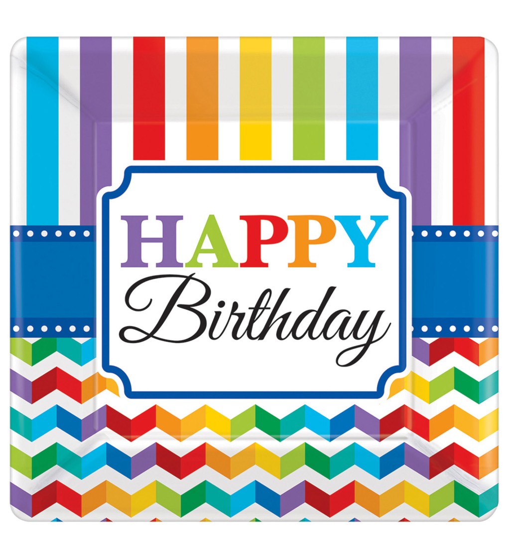 Farebné tanieriky Happy Birthday - štvorcové