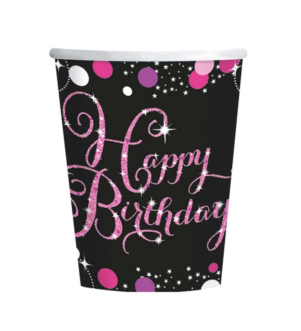 Ružové kelímky s nápisom Happy Birthday