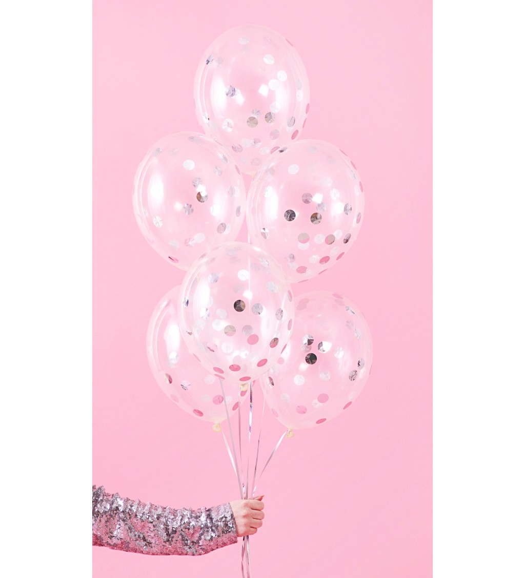 Latexové balóniky priehľadné strieborné konfety 6 ks