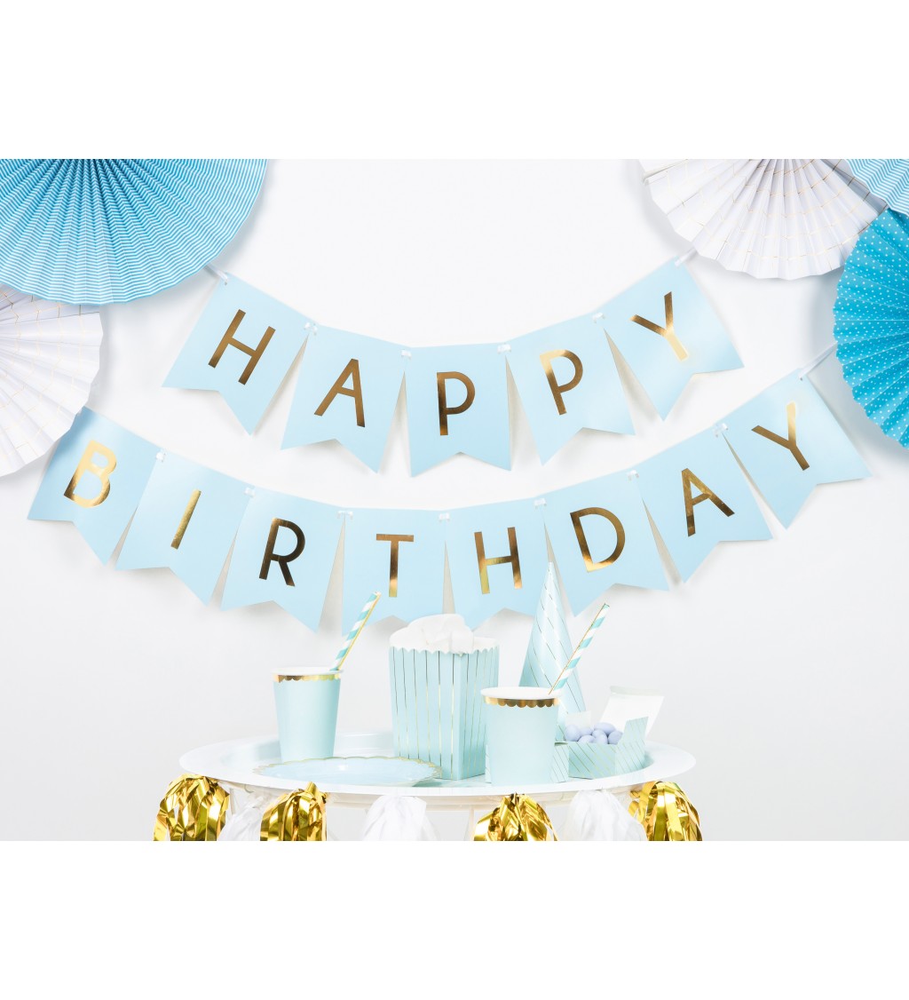 Svetlomodrá vlajková girlanda Happy Birthday