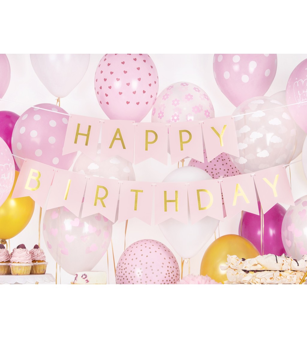 Svetloružová festónová girlanda Happy Birthday