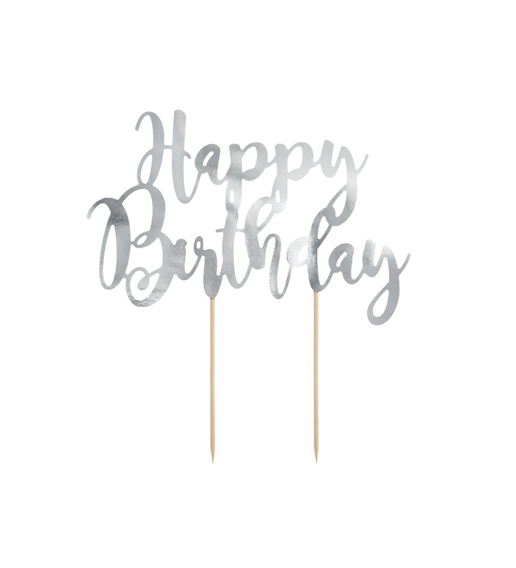 Strieborný tortový zápich Happy Birthday