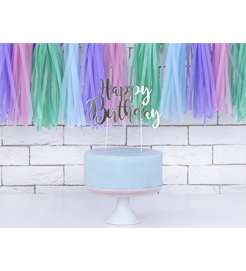 Strieborný tortový zápich Happy Birthday
