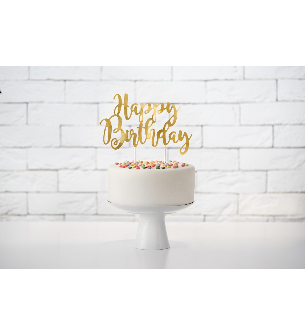 Zlatý tortový zápich Happy Birthday