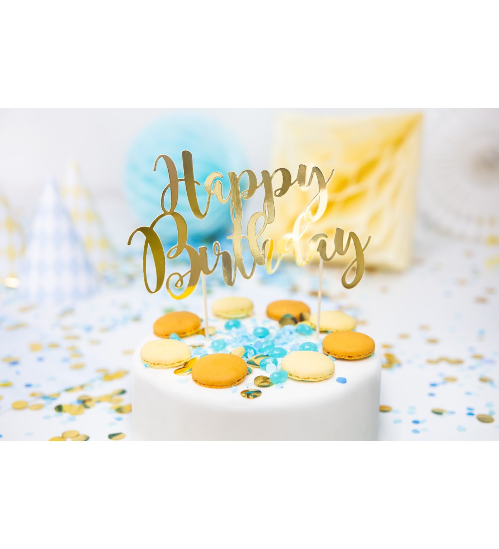 Zlatý tortový zápich Happy Birthday