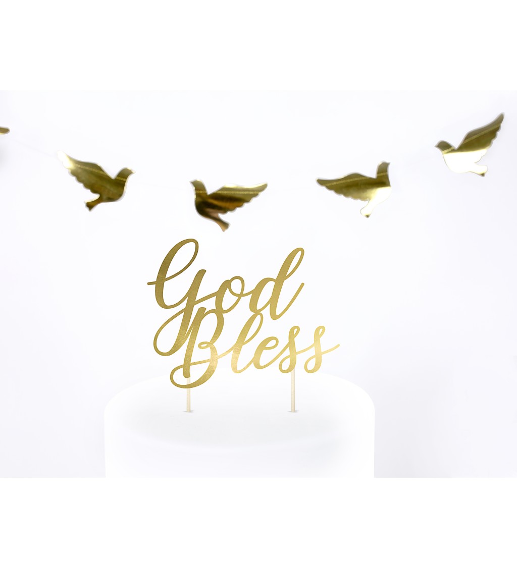 Zlatý nápis God Bless - špáratká na tortu