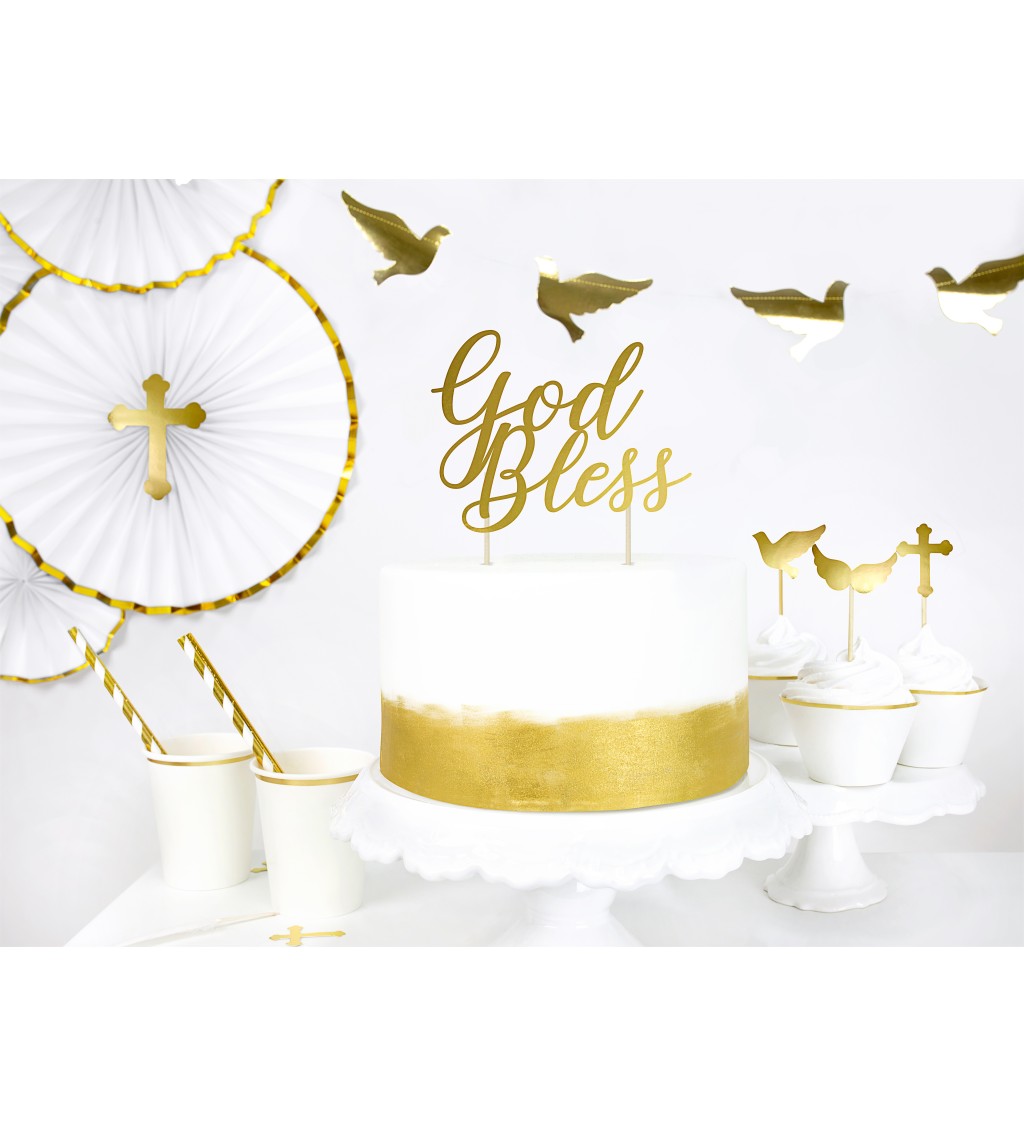Zlatý nápis God Bless - špáratká na tortu