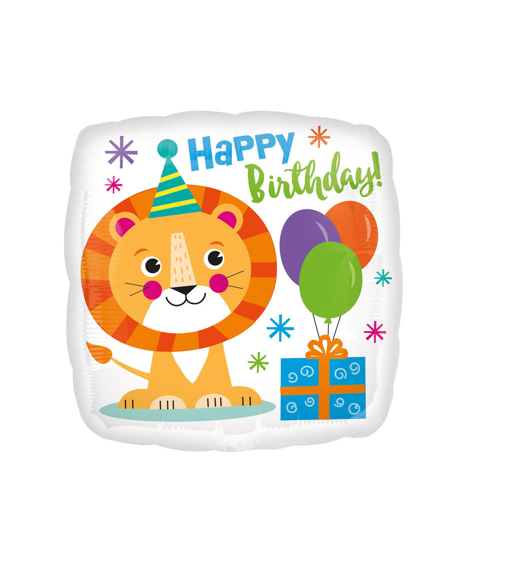 Fóliový balónik lev Happy Birthday farebný