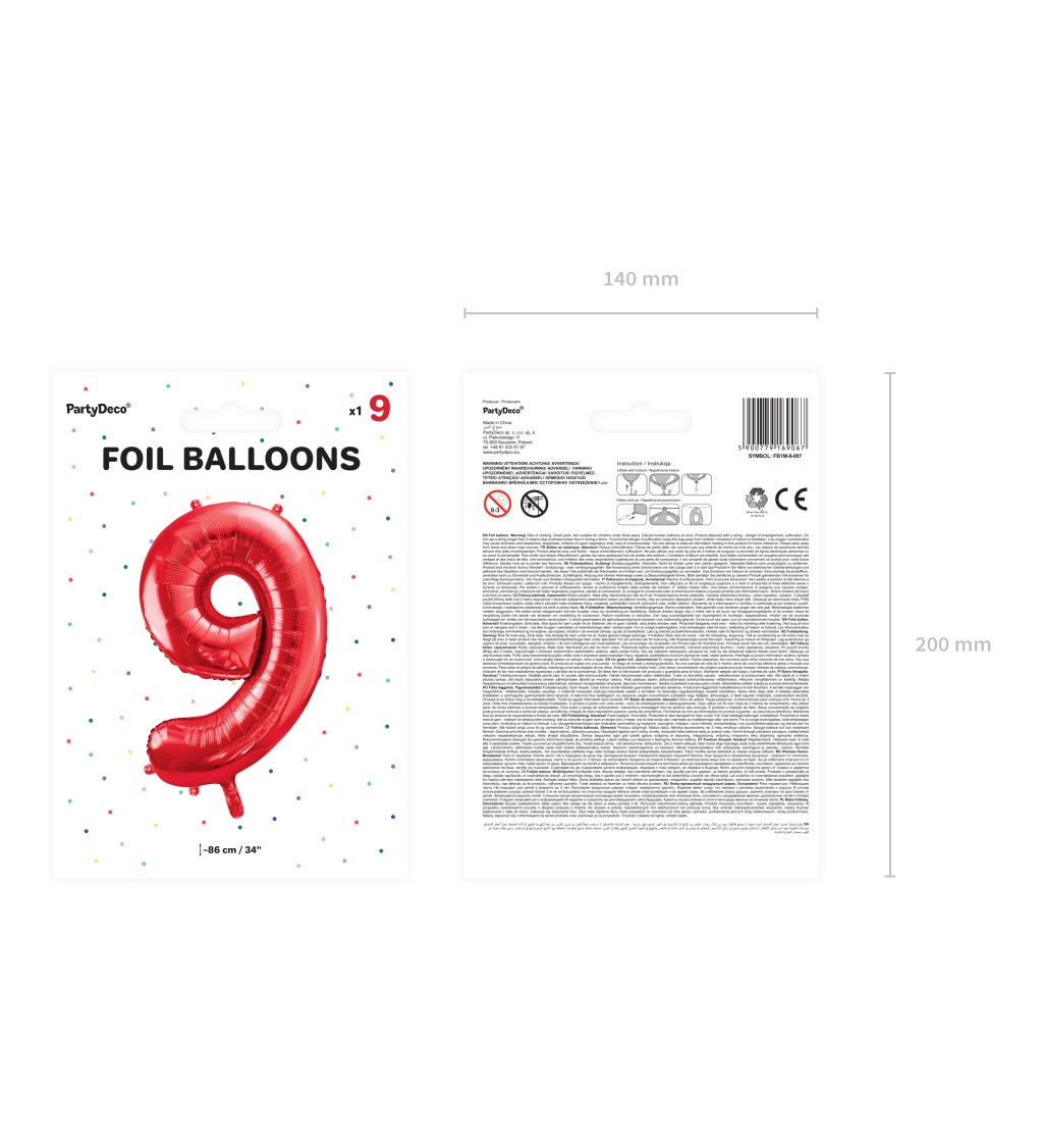 Fóliový balónik číslo 9, červená, 86cm