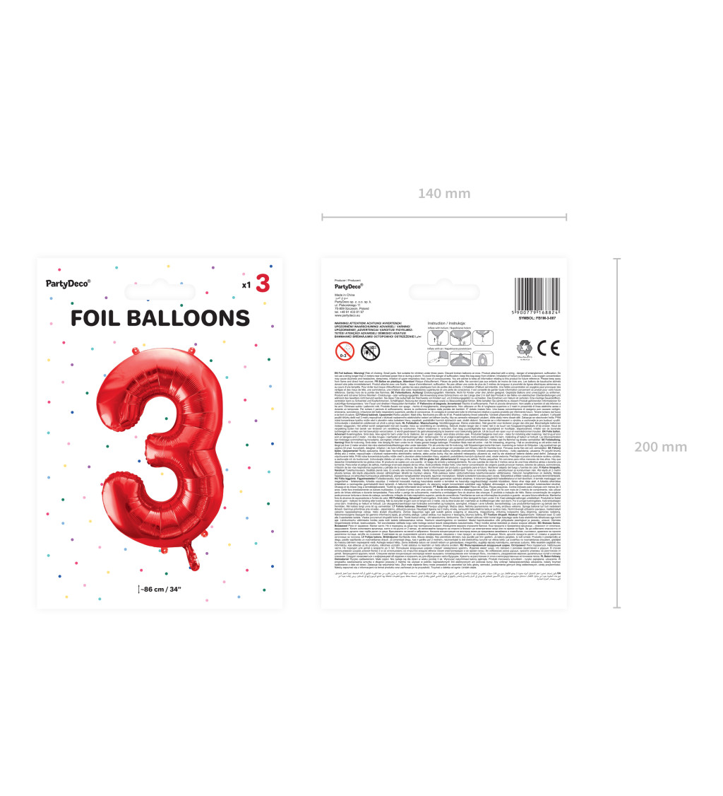 Fóliový balónik číslo 3, červená