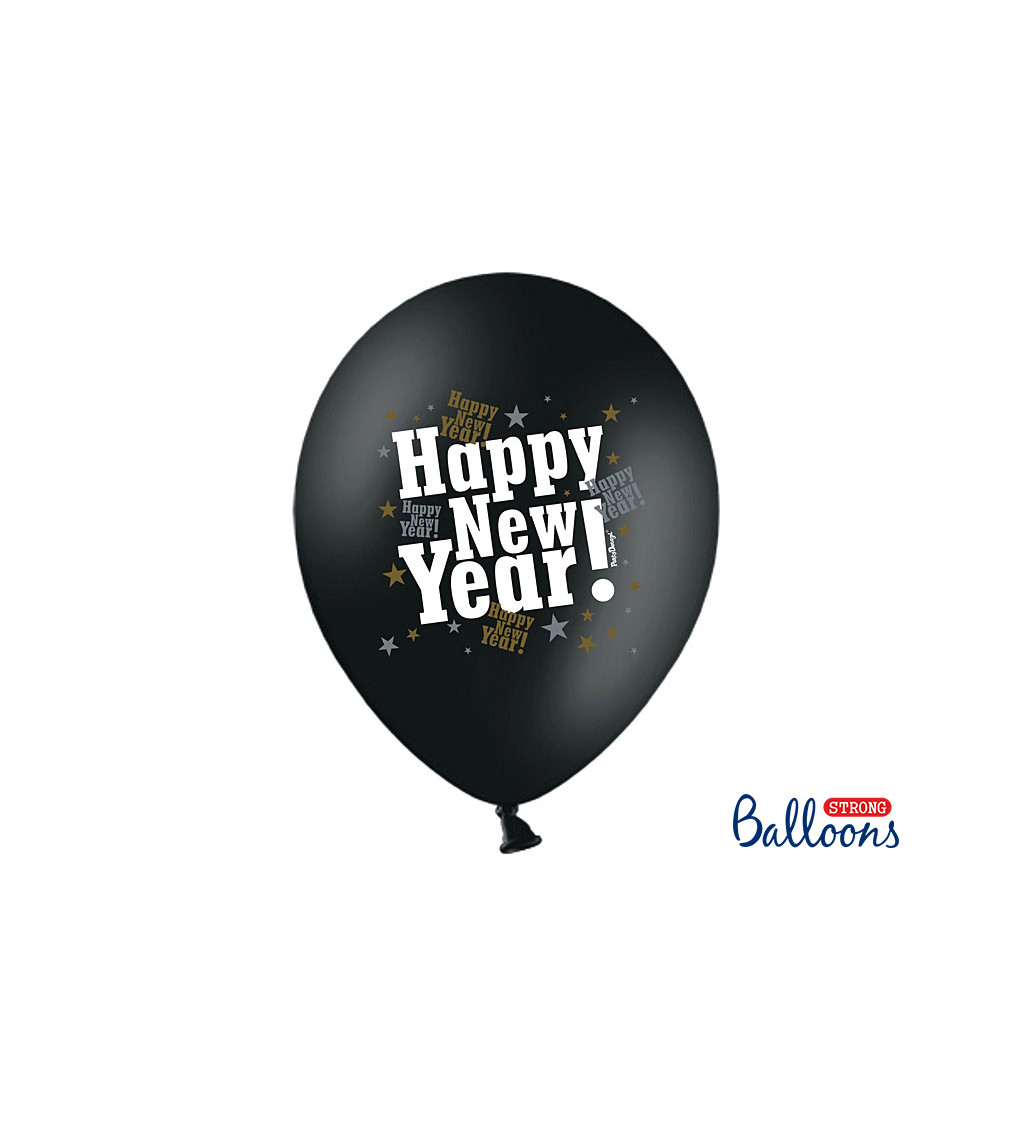 Latexové balóniky 30 cm Happy new year, čierne, 6 ks