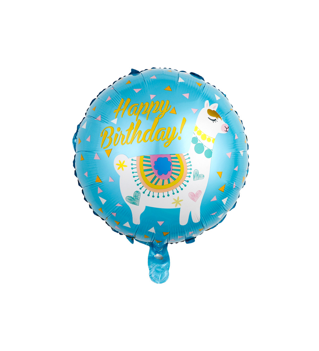 Fóliový balónik - Happy birthday lama modrá