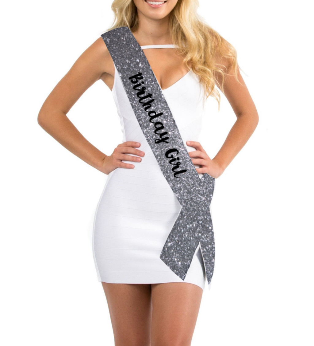 Narodeninová strieborná gliter šerpa - Birthday girl