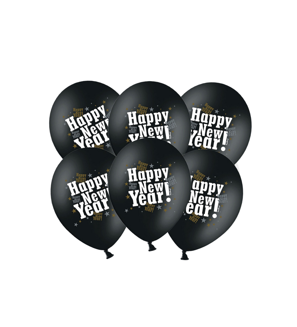 Latexové balóniky 30 cm Happy new year, čierne, 6 ks