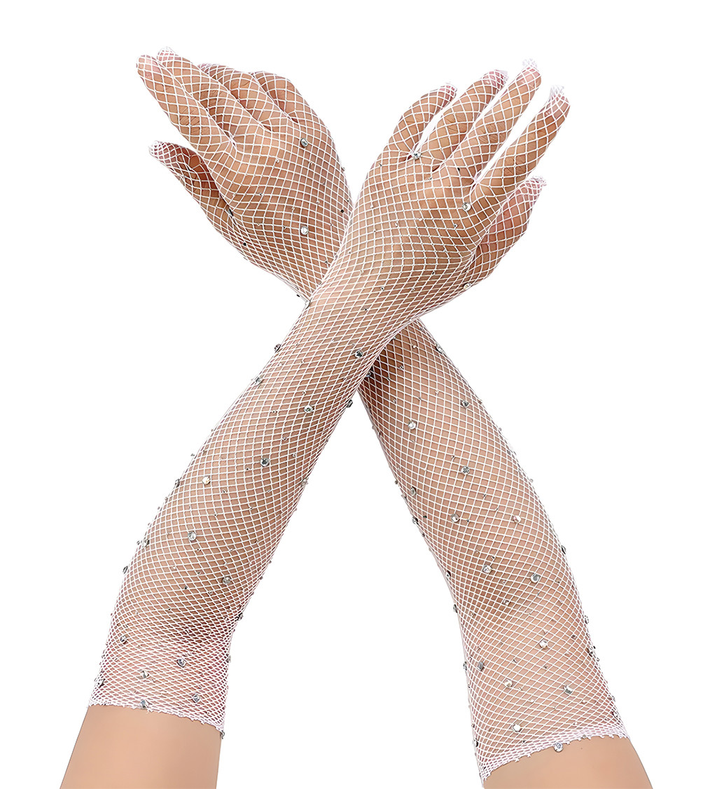 Dlhé sieťované rukavice biele s kamienkami