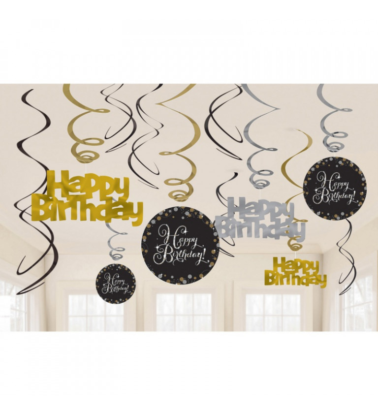 Zlaté závesné špirálky Happy Birthday