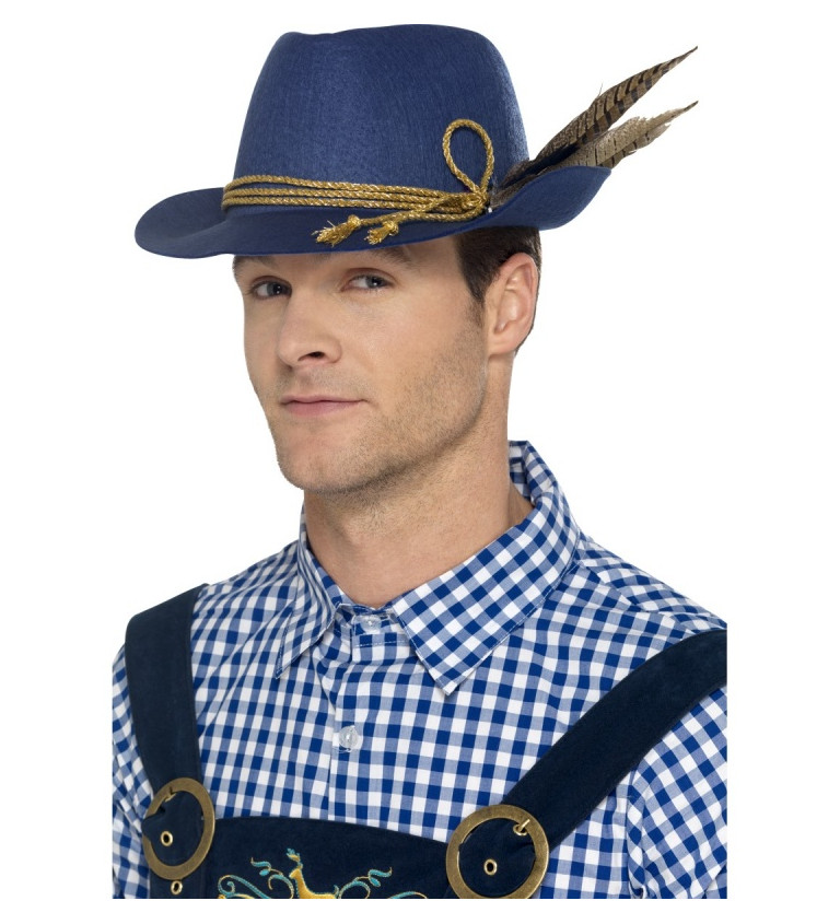 Bavorský klobúk - modrý s pierkami