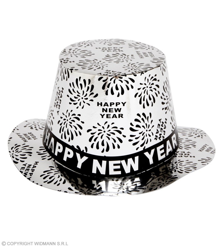 Klobúk Happy New Year - strieborný cylindier