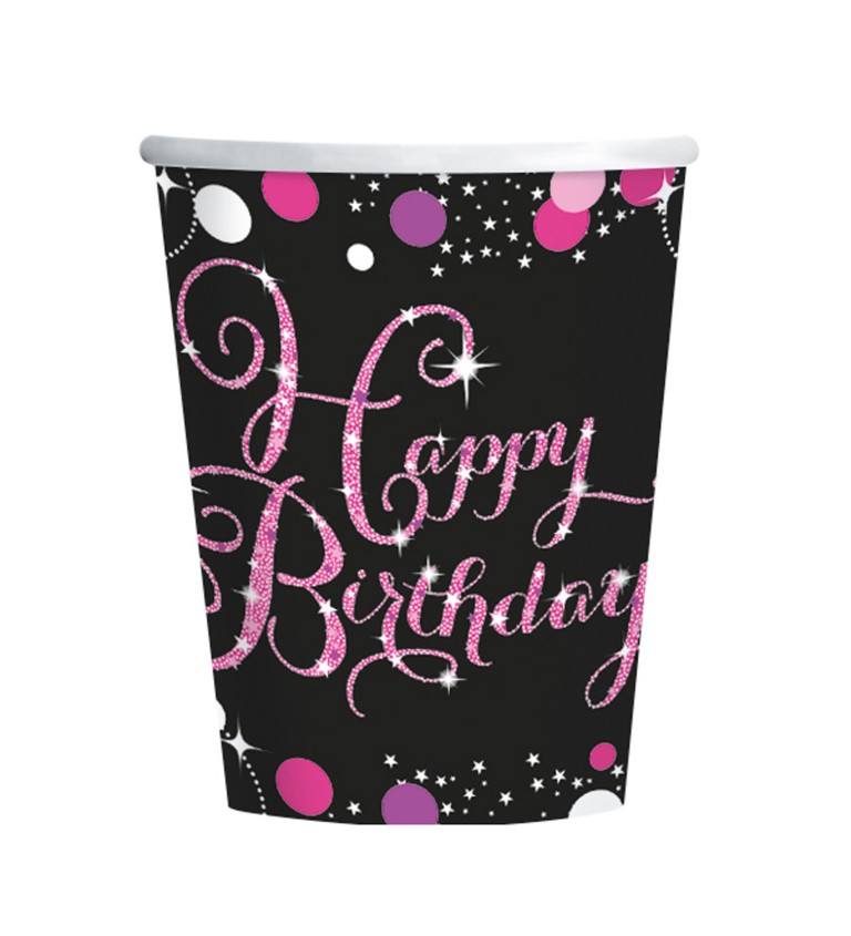 Ružové kelímky s nápisom Happy Birthday
