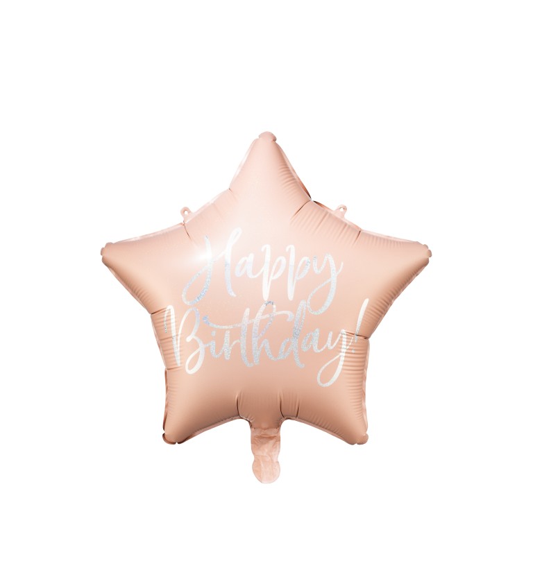 Fóliový balónik hviezda Happy Birthday svetloružový