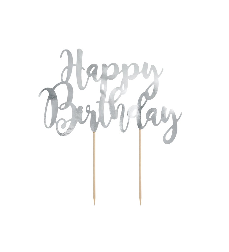 Strieborný tortový zápich Happy Birthday