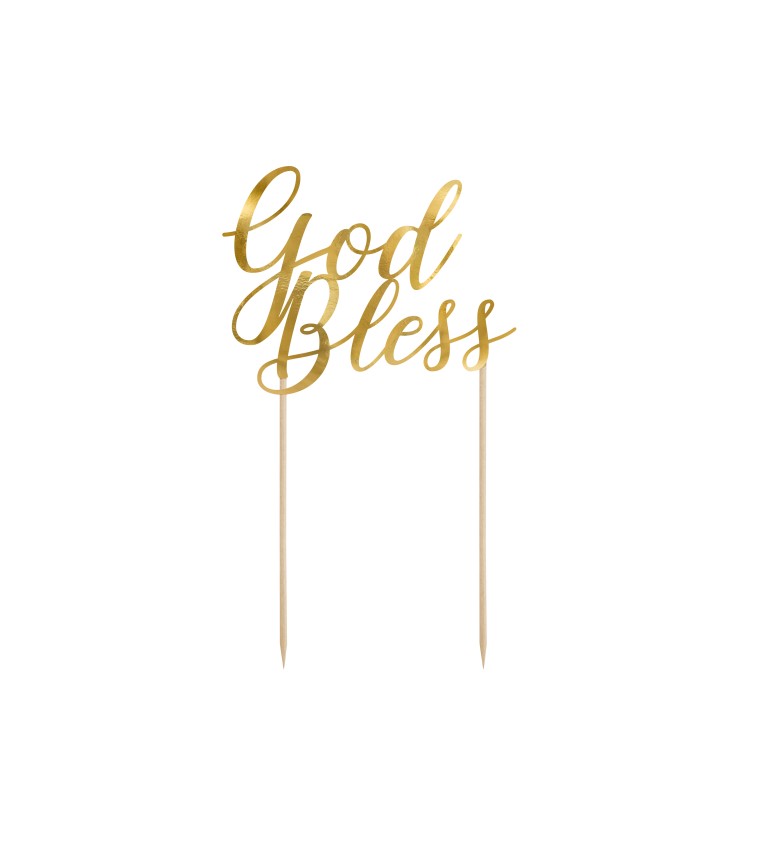 Zlatý nápis God Bless - špáratká na tortu