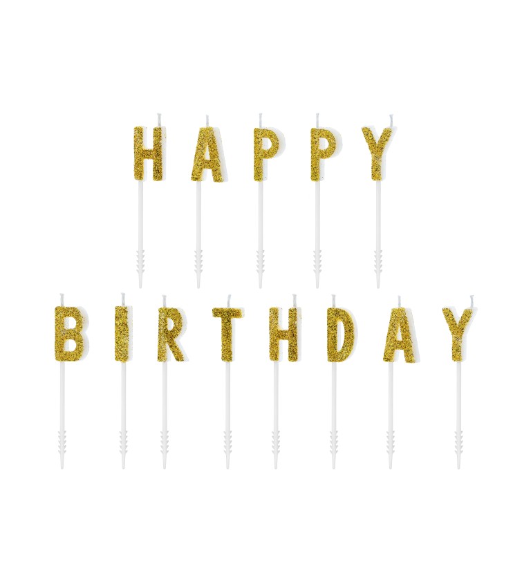 Zlaté tortové sviečky Happy Birthday