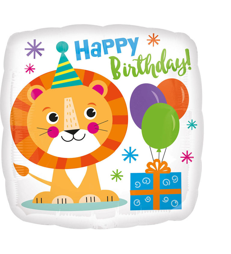 Fóliový balónik lev Happy Birthday farebný