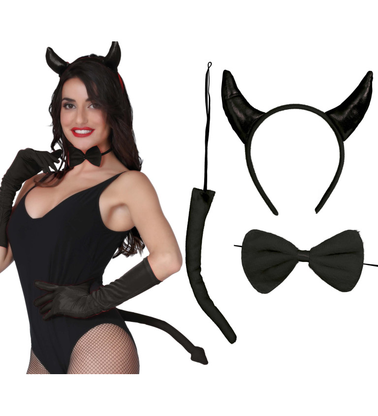 Diabolský set - 3 kusy (čelenka, motýlik, chvost), čierny