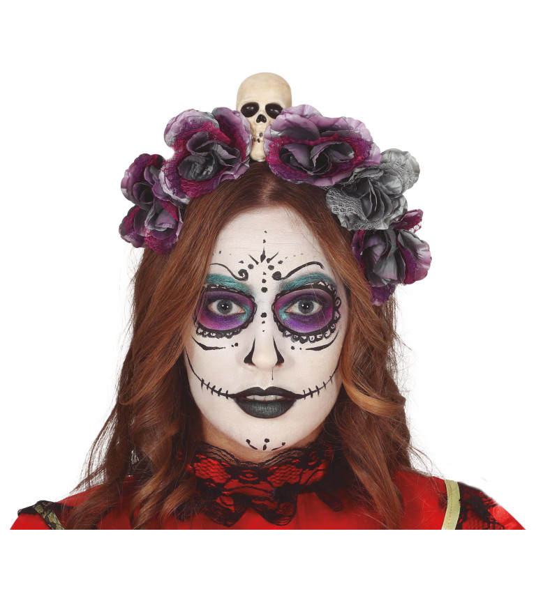 Čelenka Catrina - sivé kvety a lebka