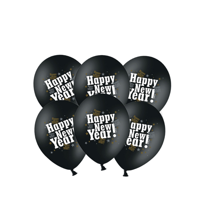 Latexové balóniky 30 cm Happy new year, čierne, 6 ks