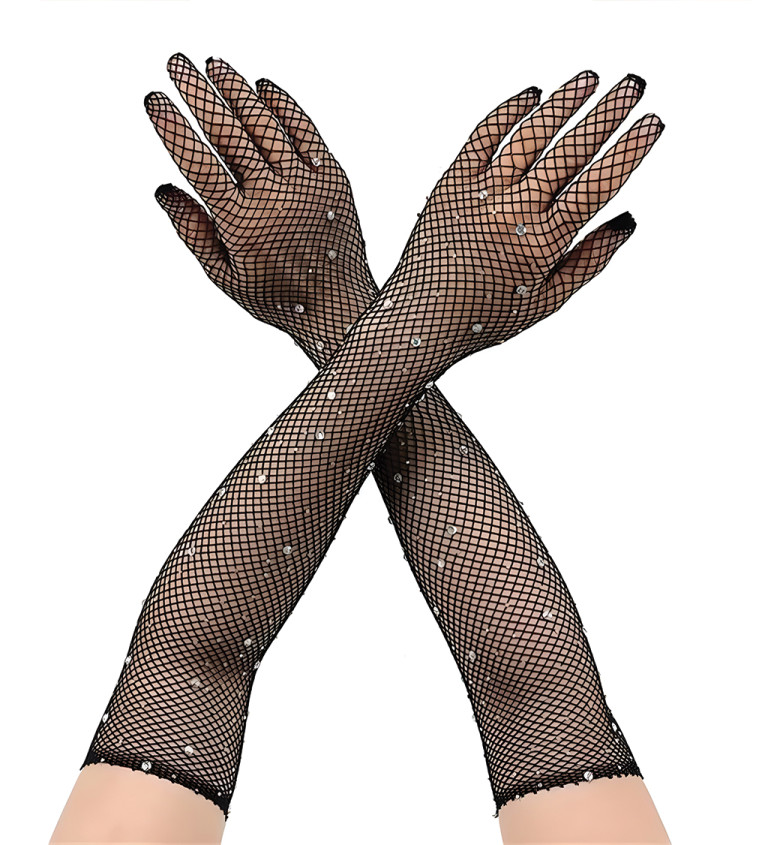 Rukavice – dlhé čierne sieťované s kamienkami