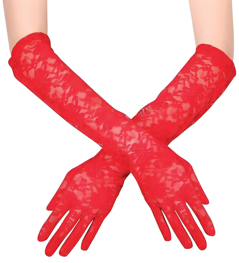 Dlhé rukavice červené s čipkou
